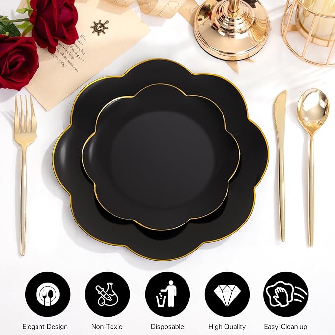 60pcs Black Disposable Plates with Gold Rim Heavy Duty Scalloped Plastic Birthday Plates Wedding Disposable Dinnerware Includes: 30 Dinner and 30 Dessert Plate,Perfect for Party Ceremony and Camping