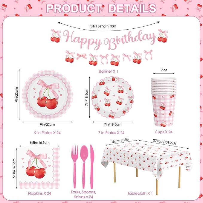 170 Pcs Cherry Birthday Decorations - Pink Bows Party Supplies Set, Happy Birthday Banner, Scalloped Paper Plates Napkins Cups, Plastic Tablecloth, Flatware for Coquette Cherry Bday Party Decoration