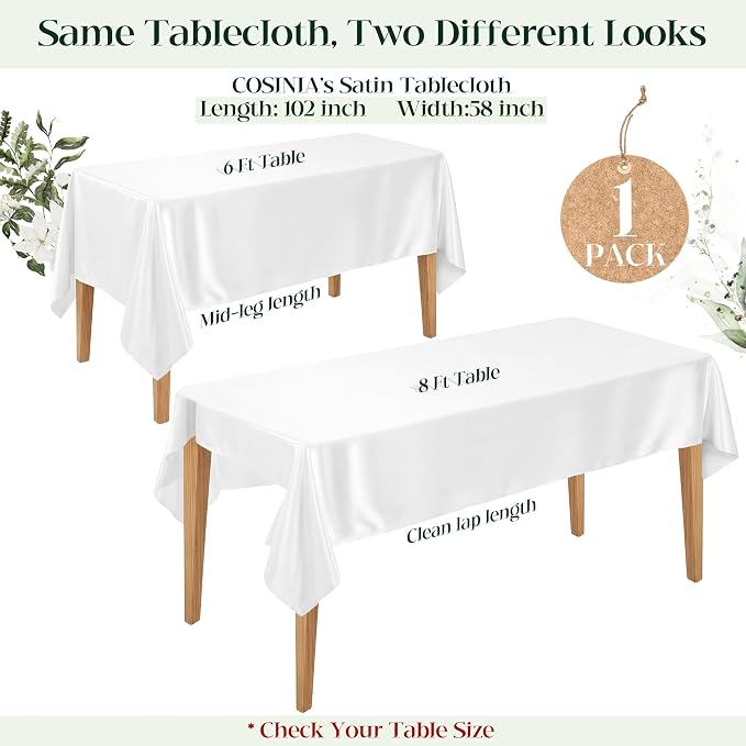 1 Pack White Satin Tablecloth 58 x 102 Inches, Rectangular Satin Table Cloths for Wedding Reception, Birthday Party, Graduation & Holiday Banquet Tables