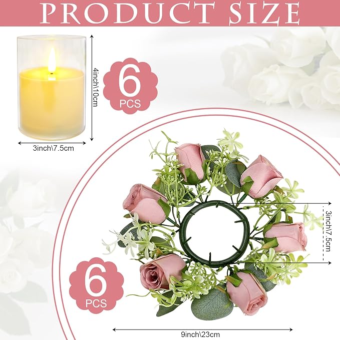 12 PCS Roses Candle Rings Wreaths - 3 Inch Artificial Floral Rings with LED Flameless Candles Eucalyptus Leaves for Spring Banquet Table Centerpieces Home Wedding Party, Dusty Pink