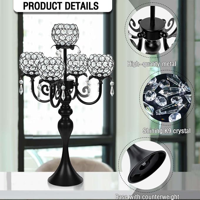 2Pcs Elegant 5-Arm Tea Light Crystal Candle Holder with Pendant Chain & Round Crystal Bowl - 22.5 Inch Tall Black Wedding Table Centerpiece for Holiday Events, Parties & Home Decor