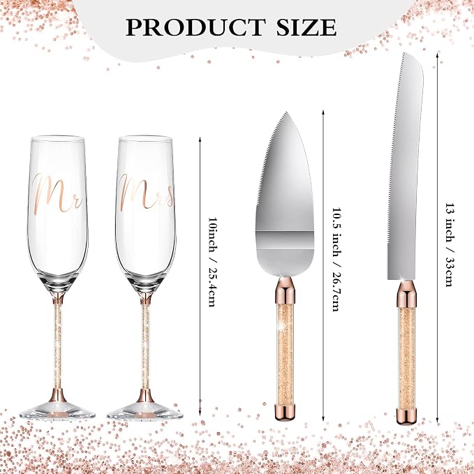 Boao 4 Piece Wedding Cake Knife and Champagne Flutes Server Set Mr and Mrs Toasting Flutes Crystal Rhinestone Cake Cutting Set for Bride and Groom Wedding Engagement Bridal Shower Gifts(Rose Gold)