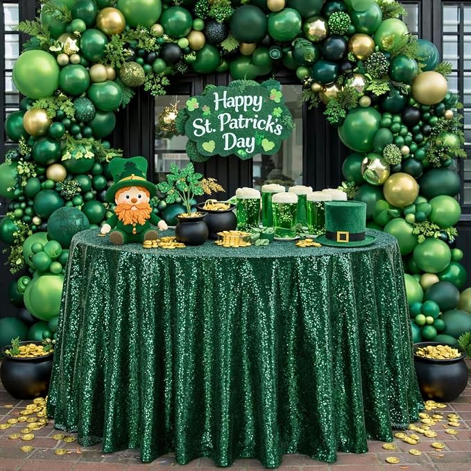 B-COOL Round Tablecloth Party Decorations: 132 Inch Table Cloth Emerald Green Large Sequin Fabric Overlay for Indoor Outdoor Dining Parties St. Patrick's Day Graduation