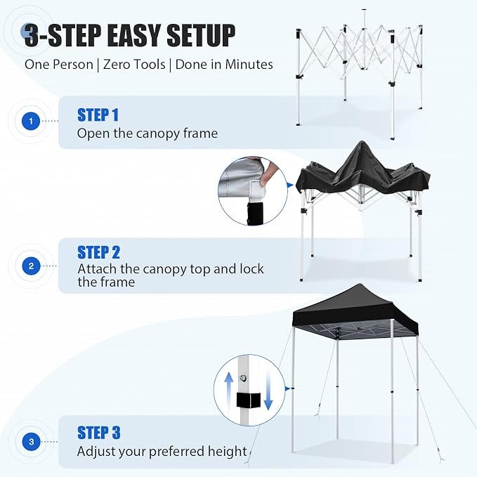 EAGLE PEAK 5x5 Pop Up Canopy Tent Instant Outdoor Canopy Easy Set-up Straight Leg Folding Shelter, Black