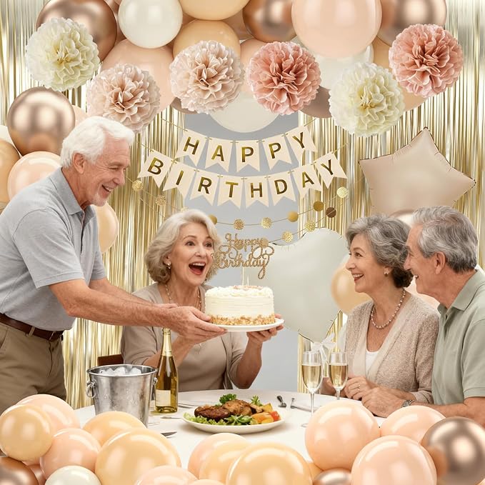 Blush Beige Birthday Decorations Nude Gold Balloons Happy Birthday Banner Cake Topper Fringe Curtain Paper Pom Poms Blush White Sand Champagne Heart Star Balloon Neutral Boho Party Decor Girls Women