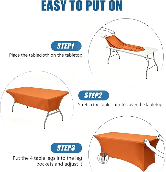 6FT Orange Table Cloth - 2 Pack Fitted Stretch Rectangle Spandex Tablecloth, Washable Table Cover for Party, Picnic, Wedding, Banquet, Birthday and Festival(30" x 72")