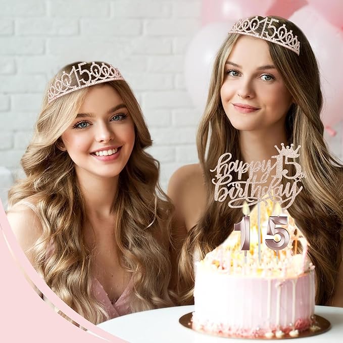 15th Birthday Decorations for Girls with 15th Birthday Crown and Sash, Cake Topper and Candles, Number Balloons, 3D Pop Up Greeting Card, 15 Year Old Gifts for Girls
