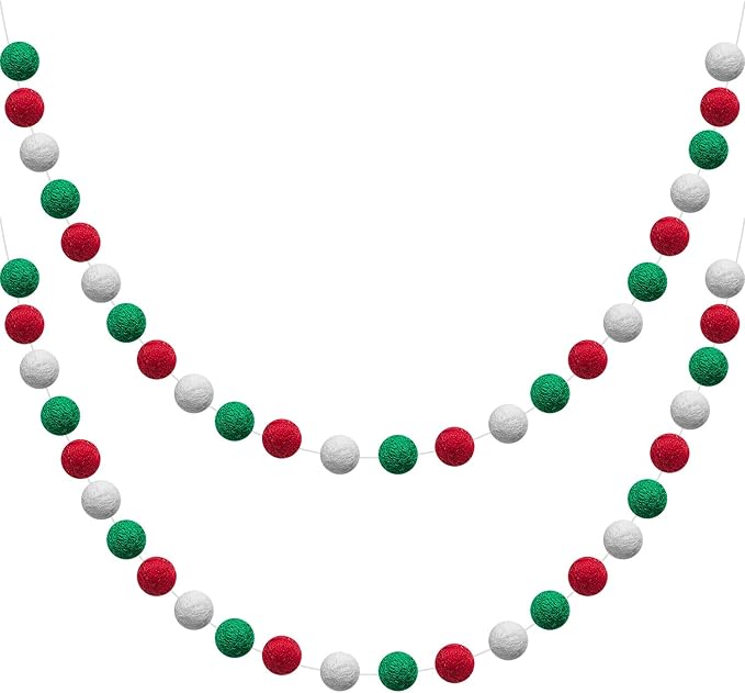WILLBOND 2 Pieces Wool Felt Rainbow Ball Garland Colorful Pom Pom 6.5 ft Long 24 Ball Garland for Easter Mardi Gras Classroom Halloween Thanksgiving Xmas (Red,White,Green)