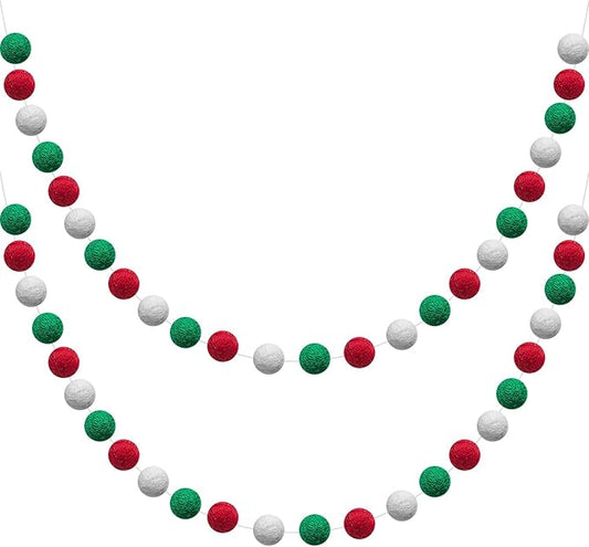 WILLBOND 2 Pieces Wool Felt Rainbow Ball Garland Colorful Pom Pom 6.5 ft Long 24 Ball Garland for Easter Mardi Gras Classroom Halloween Thanksgiving Xmas (Red,White,Green)