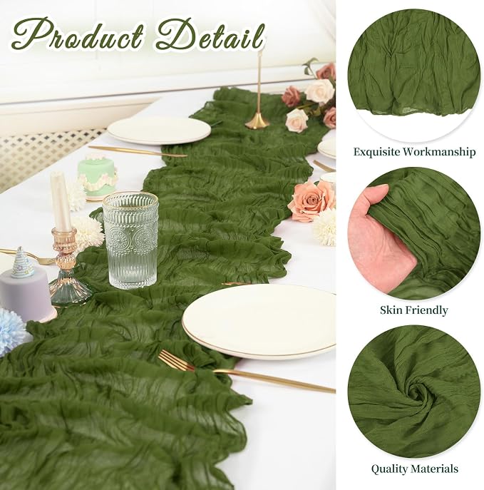 10 Pack Cheesecloth Table Runner 17 x 108 inch Long Boho Gauze Table Runners Semi Sheer Table Runner for Wedding Decor, Baby Shower, Birthday Party, Banquet (Olive Green)