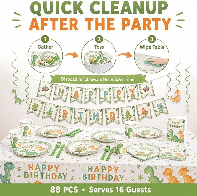 Dinosaur Birthday Decorations Party Supplies Kit, 88 PCS Dino Party Decorations Tableware Set Serves 16 with Plates Cups Napkins Cutlery Tablecloth Banner Hanging Swirls for Prehistoric Theme