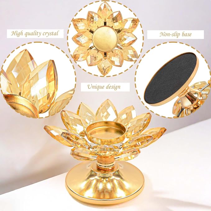4 PCS Gold Crystal Flower Tea Light Holder, Glass Tealight Candlestick with Metal Base, Votive Candle for Table Centerpiece, Wedding/Parties Decor, Nice Gift