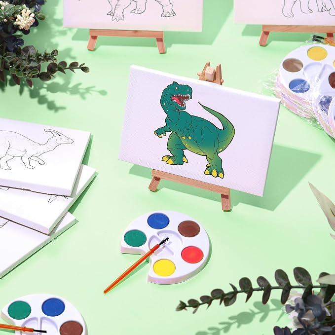 MotiMind 24 Sets Canvas for Painting Dinosaurs 4 x 6 Pre Drawn Canvas Painting Dinosaur Kit Animals Pre Drawn with Paints Brushes for Beginners Students Dinosaur-Themed Party