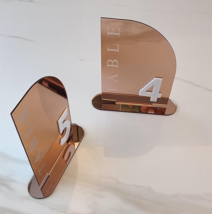 Acrylic Wedding Table Numbers,Semi-Arched Mirrored Acrylic Table Numbers for Centerpiece, Reception, Decoration, Party, Anniversary, Event (Number 1-15, Rose Gold Mirror)