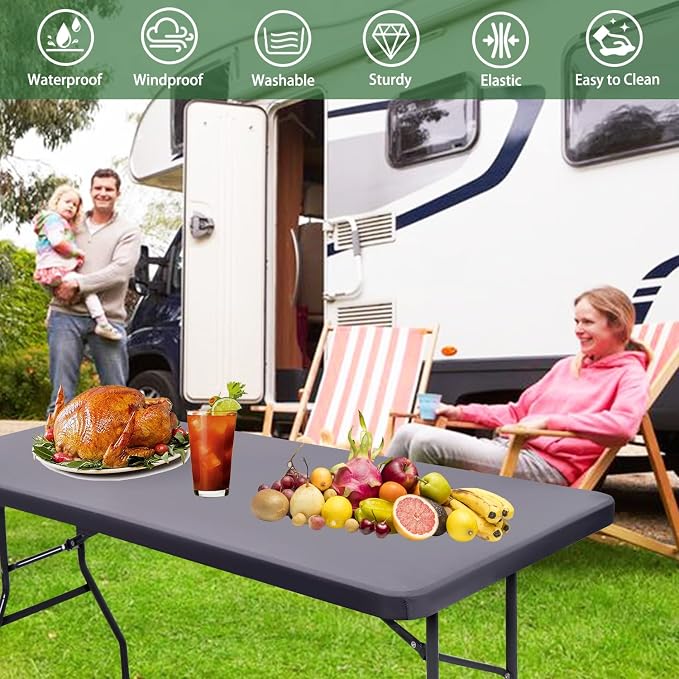 10 Pack Picnic Table Cover Outdoor Elastic Fitted Tablecloths for 6 Foot Rectangle Table Waterproof Stretch Washable Patio Folding Spandex TableCloth for Camping Banquet Parties (Light Grey,30" x 72")