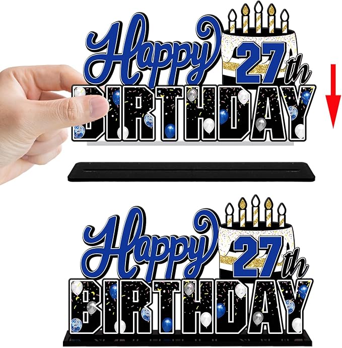LINGTEER Happy 27th Birthday Blue Acrylic Table Topper Centerpieces Set - Cheers to 27 Years Old Birthday 27th Bday Party Gift Decorations.