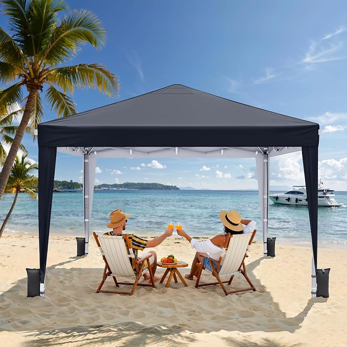 10x10 Pop Up Canopy with Sidewalls, Instant Portable Canopy Tent with Carry Bag for Commercial Events, Camping, Parties - Black