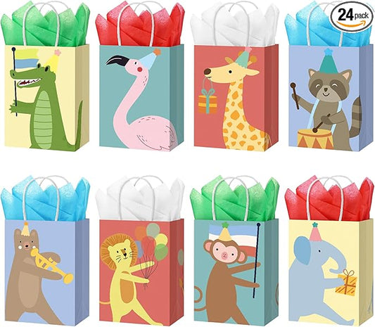 24 Pcs Animal Parade Party Bags Bulk Animal Theme Gift Bag with Handles Cute Flamingos Raccoon Monkey Goodie Paper Supplies for Birthday Party Baby Shower Decoration