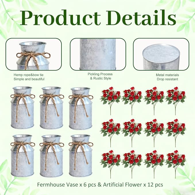 Set of 6 Wedding Flower Centerpiece for Tables Decorations, Red Artificial Roses Bouquet with Metal Vase, Faux Flower Arrangement for Party Bridal Shower Party Event (Silver Vases & Red Roses)