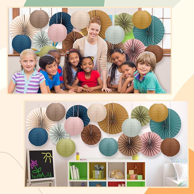 Wavwavw 18 Pcs Boho Hanging Paper Lanterns and Paper Fans Decor Back to School Party Decorations Round Boho Garlands Bulletin Board Decor for Classrooms Office Ceilings Wall Birthday Party Supplies