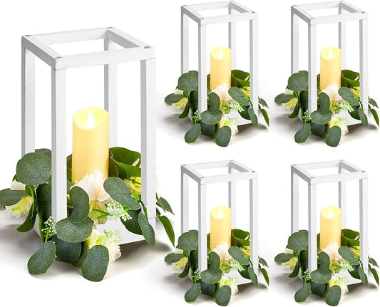 Sabary 5 Sets/ 10 Pcs Wooden Lantern Candle Holders with Candles for Wedding Decoration Vintage Table Centerpiece Farmhouse Rustic Candle Lantern for Indoor Fireplace Dining Party Decor (White)