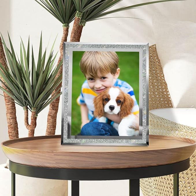 HIKWADERY 8x10 Picture Frames Silver - Set of 4, Sparkle Real Glass 8 by 10 Photo Frame Mirrored Edge Great Gift, for Tabletop Display, Wedding Birthday Mothers Day Gifts (8 x 10, Glitter Silver)