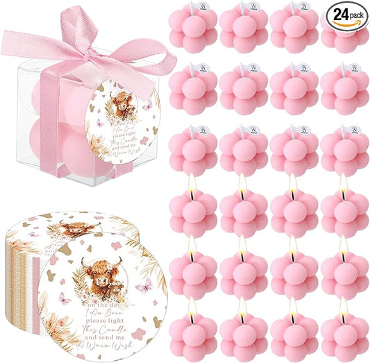 MTLEE 24 Sets Cow Baby Shower Favors Party Candle Small Bubble Candle Baby Shower Favors for Guests Tea Candles Bulk with Stylish Ribbons Cards Gifts(Pink, Cow)