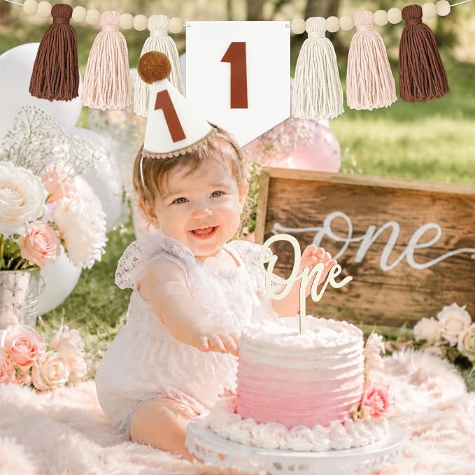THAWAY 1st Birthday Decorations, White Brown Bohemian Style High Chair Banner Set with Tassel Wood Bead, Birthday Hat & Wooden Cake Topper for One Year Old Party Supplies
