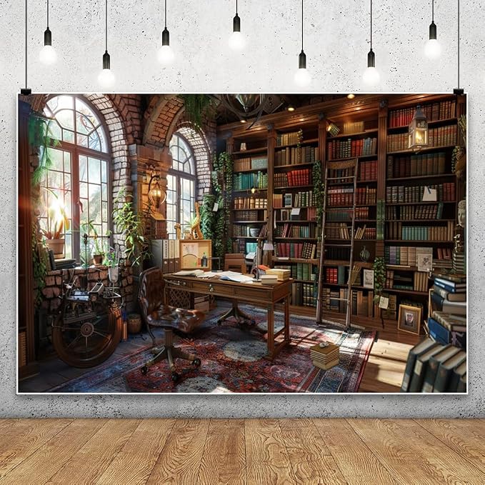 Laeacco 7x5ft Vintage Study Room Backdrop Wooden Booshelf Ancient Books Arch Window Sunshine Photography Background Graduation Back to School Party Decoration Wizard School Banner Photo Booth Props