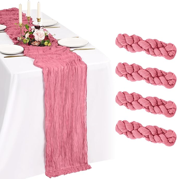 4 Pack Cheesecloth Table Runner 10FT Dusty Rose Table Runner Boho Gauze Cheese Cloth Table Runners Long Rustic Sheer Table Decorations for Wedding Party Baby Bridal Shower Birthday Holiday Home