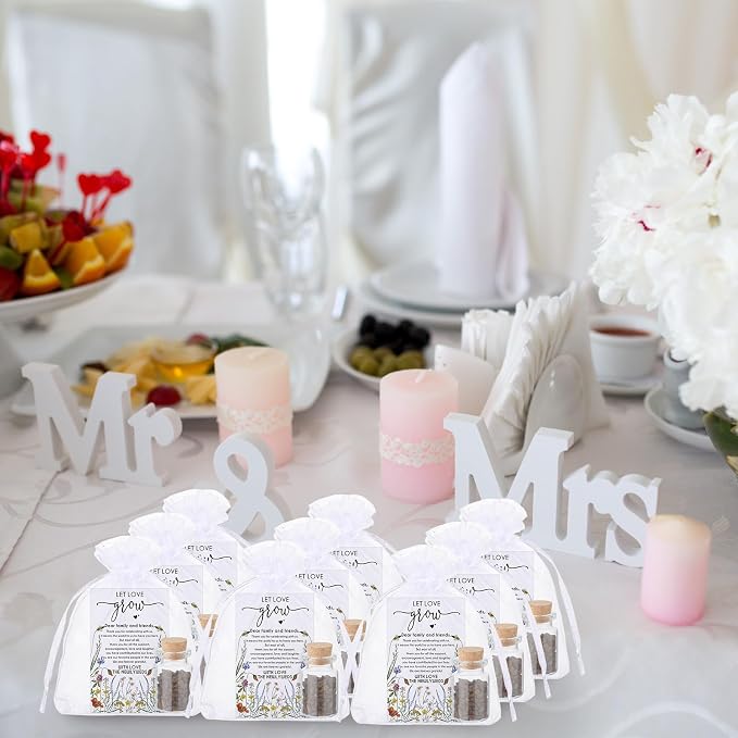 Jinei 100 Sets Let Love Grow Wedding Favor for Guests 100 Small Glass Bottles with Cork Stopper 100 Wedding Thank Cards and 100pcs Organza Bags, No Seeds