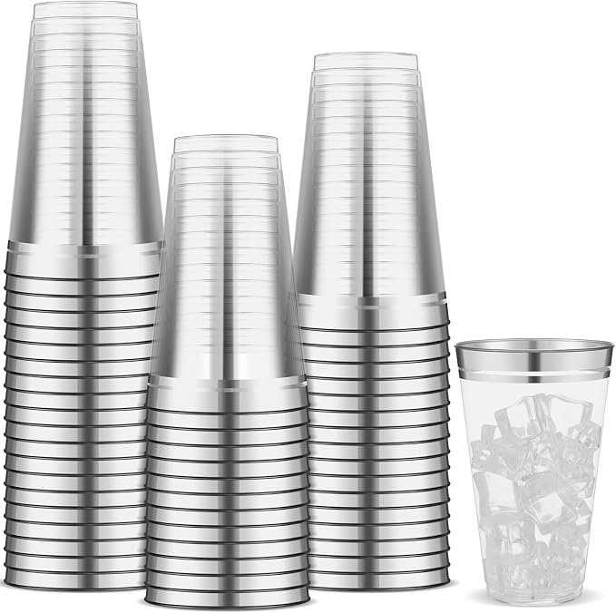 Sliner 50 Pcs Hard Plastic Cups Double Rimmed Plastic Cups Heavy Duty Fancy Wine Glasses for Holiday Christmas New Year Winter Birthday Party Supplies(16 Oz,Silver)