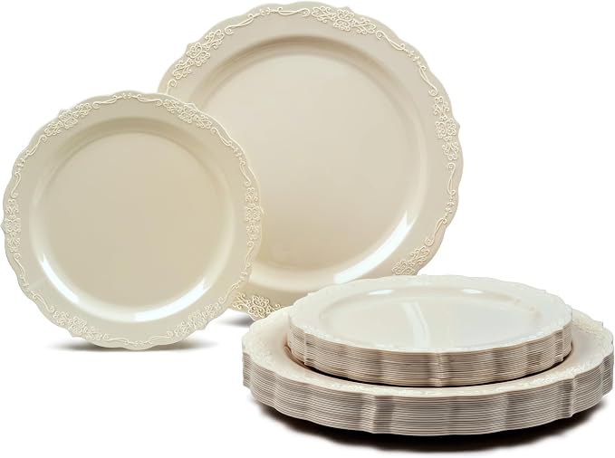 OCCASIONS 240 Piece Plastic Plates Set for 120 Guests – 120 10" Dinner & 120 7.5" Dessert Plates, Heavy Duty Disposable Dinnerware, Verona Plain Ivory