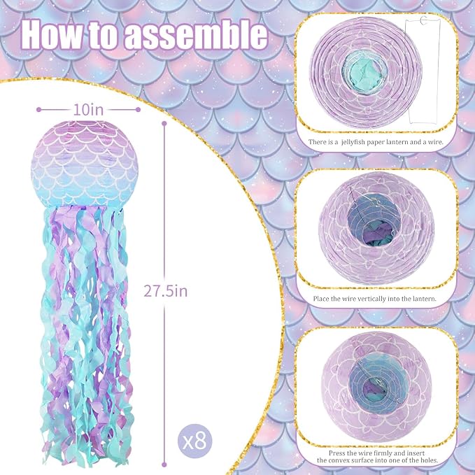 Mermaid Party Decorations, Jellyfish Paper Lanterns Mermaid Scales Hanging Lantern for Mermaid Birthday Party Baby Shower Under The Sea Ocean Decorations Pack of 8