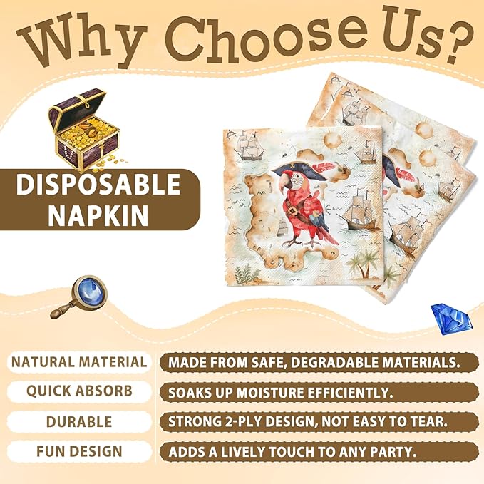 Pirate Birthday Party Supplies for 40 Guests, Treasure Map Pirate Plates and Napkins Set, Pirate Party Decorations for Boys