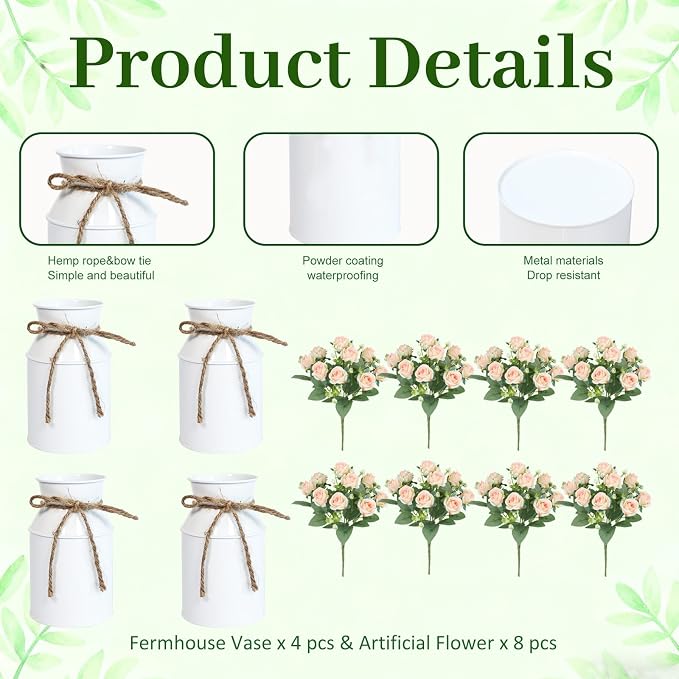 4 Sets Farmhouse Wedding Flower Centerpiece for Tables Decorations, Rustic Artificial Roses Bouquet with Metal Galvanized Vase Pot for Party Bridal Shower Event (White Vase & Champagne Roses)