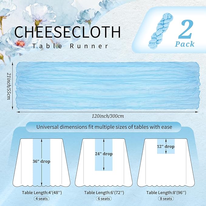 2 Pack Cheesecloth Table Runner 10FT Baby Blue Table Runner Light Blue Boho Gauze Cheese Cloth Table Runners Long Rustic Sheer Table Decorations for Wedding Party Baby Bridal Shower Birthday Holiday