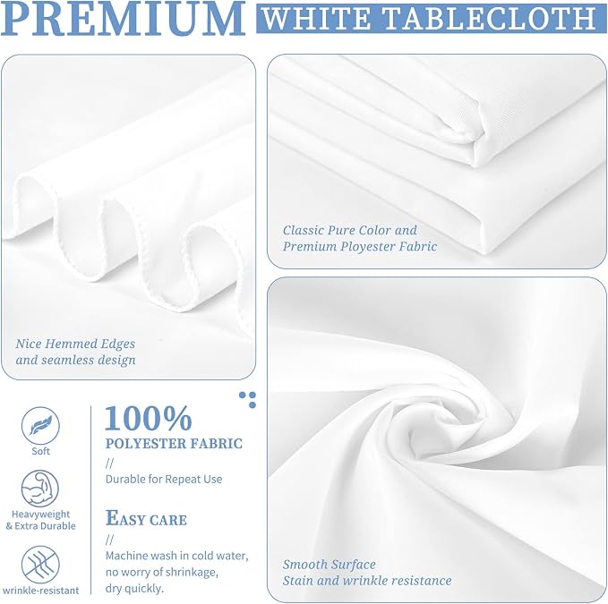 4 Pack White Tablecloth 90 x 156 Inch, Rectangle Tablecloth for 8 Foot Table, Stain and Wrinkle Resistant Washable Polyester Table Cloth Cover for Wedding Dining Table Buffet Parties and Camping
