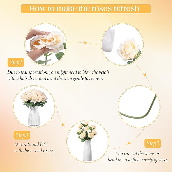 Hotop 20 Pcs Artificial Rose Flowers with Long Stem, Real Lifelike Silk Realistic Plastic Bouquet Roses Bulk for Home Decor Bridal Wedding Party Table Centerpieces Decorations(Champagne)