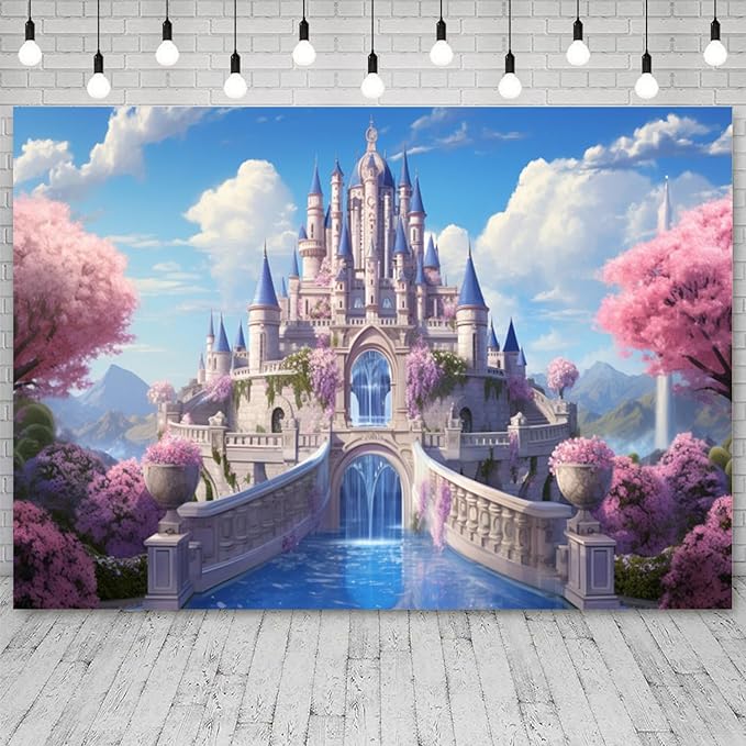 5x4ft Princess Castle Backdrop Pink Floral Blue Sky Photography Background White Cloud Forest Mountain Girls Birthday Baby Shower Banner Decorations Wedding Party Portrait Photo Booth Prop