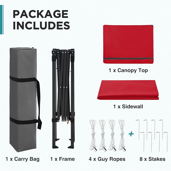 EAGLE PEAK 6x4 Instant Pop Up Canopy Tent with 1 Side Wall Panel, Straight Leg Sun Shelter, Portable Canopy with Carry Bag for Camping, Beach & Sports, Red