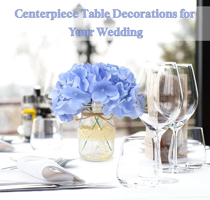 Mason Jar Table Centerpiece Set of 6 with Lights Blue Hydrangea artificial Flowers for Engagement Party Bridal Shower Centerpieces Wedding Christmas Thanksgiving Party Reception Table Decor