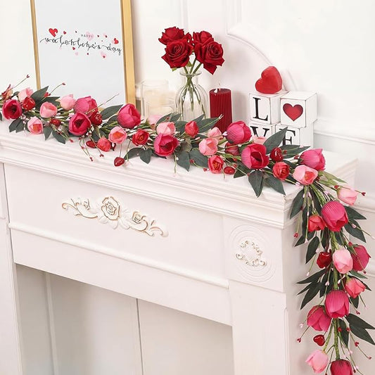 Suncalla 6 Ff Valentine's Day Garland Romantic Artificial Spring Garlands with Rose Tulips Flowers Heart Berries Farmhouse Floral Garlands for Mantle Table Stairs Indoor Outside Wedding Party