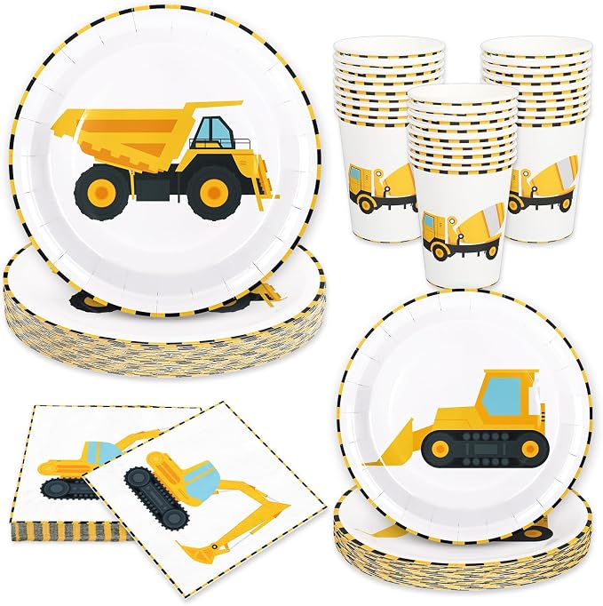 Whaline 192 Pcs Construction Party Tableware Dump Truck Paper Plate Napkin Cup Yellow Black Disposable Dinnerware Set for 48 Guests Birthday Party Table Decor