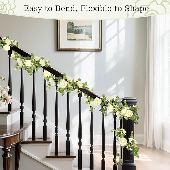 Lewondr Artificial Eucalyptus Garland with Flower, 2Pack 13FT Faux Floral Greenery Garlands Fake Flowers Vines, Maintenance-Free for Wedding Table Backdrop Party Centerpiece Room Decor, Champagne