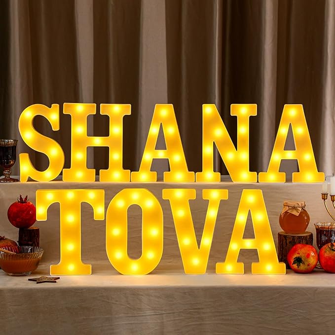 Aurelema 9 Pcs Shana Tova Large LED Letter Signs Rosh Hashanah Decor LED Lights Battery Powered Shana Tova Party Table Decorations for Party Rosh Hashanah Tabletop Decorations