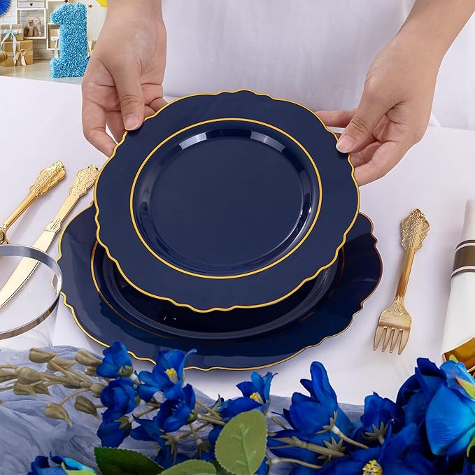 Liacere 175PCS Navy Blue Plastic Plates-Disposable Blue Gold - 25guest Baroque Plastic Dinnerware include 50Plates,25Pack Pre Rolled Napkins with Silverware 25Cups for Party&Graduation & Memorial Day