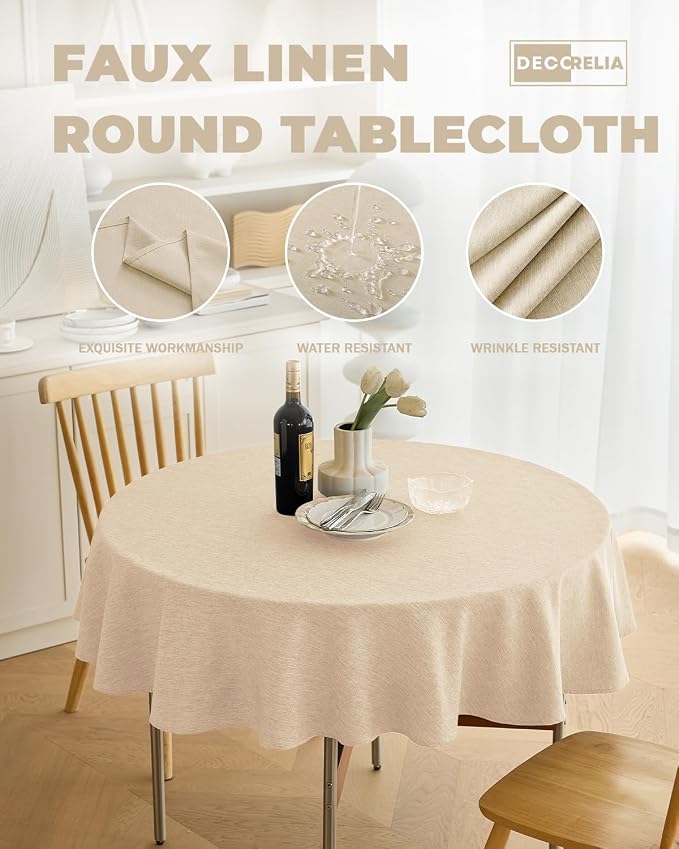 Decorelia Waterproof Round Tablecloth for Round Dining Table, Decorative Rustic Soft Wipeable Table Cloths Cover Indoor Outdoor Use for Holiday,Wedding, Kitchen (70 Inch,Round (4-6 Seats),Beige)