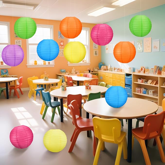 Retisee 12 Pcs 10 Inch Hanging Paper Lanterns Party Decorations Modern Neon Classroom Decor for Birthday Back to School Party Decoration for Classrooms Wedding Birthday Ceilings