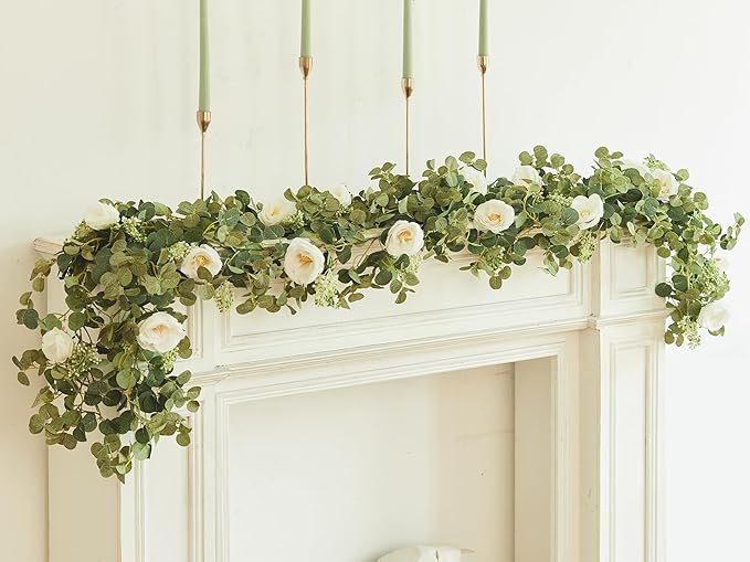 PARTY JOY 6.56ft Eucalyptus Garland with Flowers-8 White Roses, Artificial Fake Flowers Greenery Garland Floral Vines for Decoration Party Wedding Table Indoor Outdoor Backdrop Wall Decor(White)